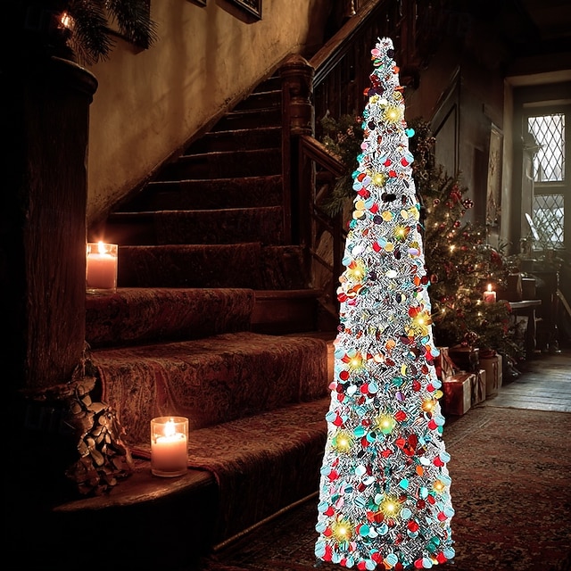  クリスマス カラフルな小さな円形シルバー折りたたみクリスマスツリー LED ライト、5M 50LED 暖かい光のストリング、1.5M/5FT AAA バッテリーボックス、インドア リビングルーム、書斎、階段、パーティーホリデー装飾小道具用