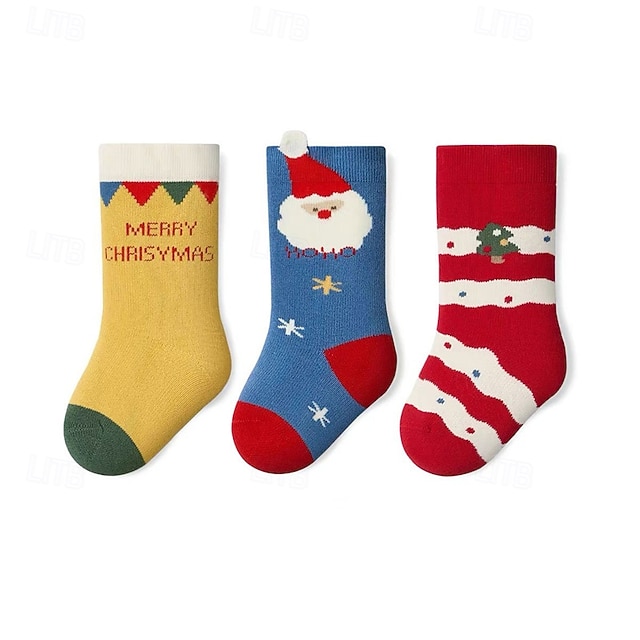  Barn Pojkar 3 Par Jul julklapp Strumpor Flerfärgad Julgran jultomten Mönster Höst Vinter Dagliga kläder