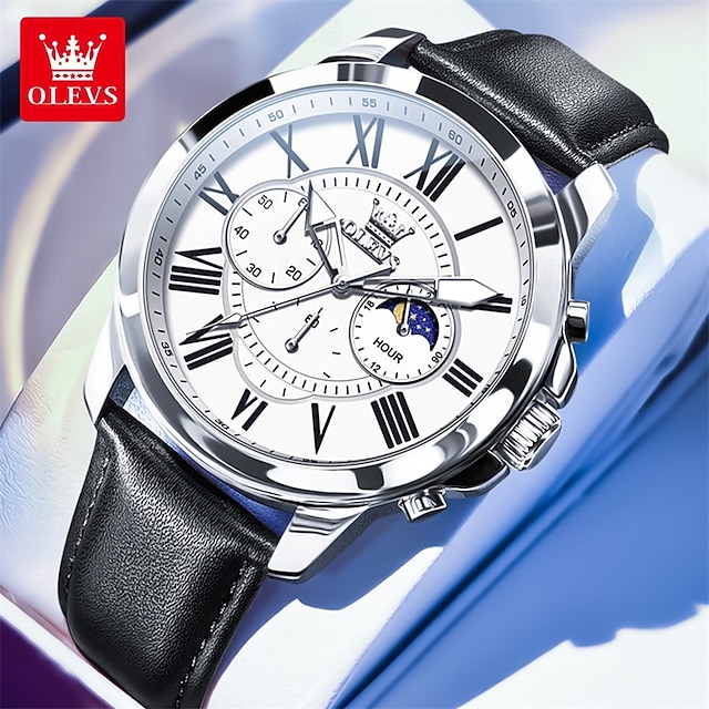  The New Olevs Brand Men'S Business Watch With Luminous Small Three Hands Moon Phase Display Multi-Functional Chronograph Three-Eye Casual Waterproof And Fashionable Quartz Watch Men'S Sports Wrist