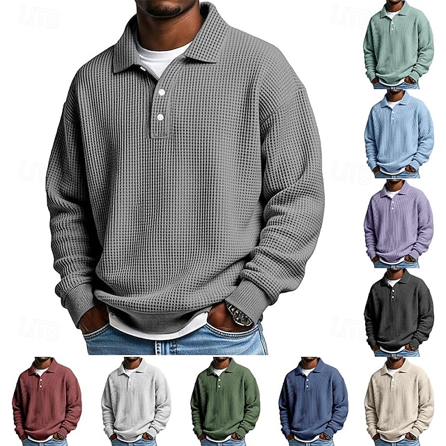 Herre Vaffel poloskjorter Golf skjorte Sport & Utendørs Avslappet Knaphul Langermet Gatemote Kul عادي Klassisk Stil Med Tekstur Høst Vår & Vinter Normal Aprikos Hvit Lysegrønn Militærgrønn Rød Navyblå
