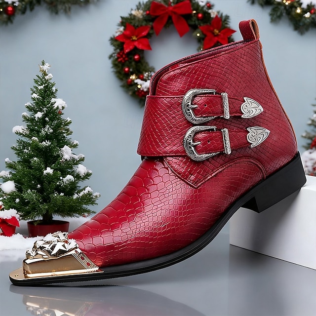  Punaiset keinonahkaiset krokotiilikuvioiset miesten kengät, joissa kaksoissolki – ylelliset juhlakengät joulujuhliin ja tyylikkäisiin iltatilaisuuksiin