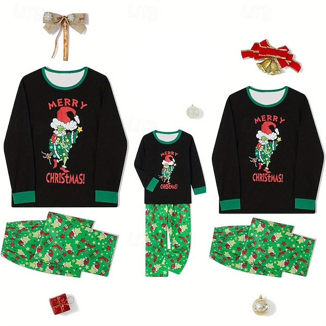  ファミリールック クリスマス クリスマスファミリーパジャマ パジャマ ファミリーセット グラフィック エルフ 家 プリント グリーン 長袖 日常 マッチング衣装