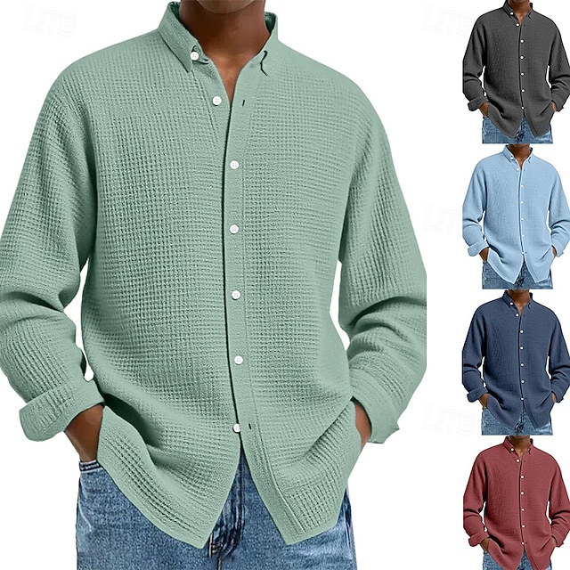  Herren Hemd Waffelhemd Freizeithemd Knopfhemd Schwarz Weiß Wein Marineblau Blau Langarm Einfach Revers Lässig Täglich Bekleidung Mode Streetwear