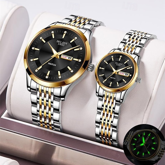  Două ceasuri noi și la modă cu cuarț pentru cupluri - carcasă din oțel inoxidabil, rezistență la apă IPX7, calendar dublu luminescent, dată și afișaj duminică/luni, curea din aliaj - cadou ideal
