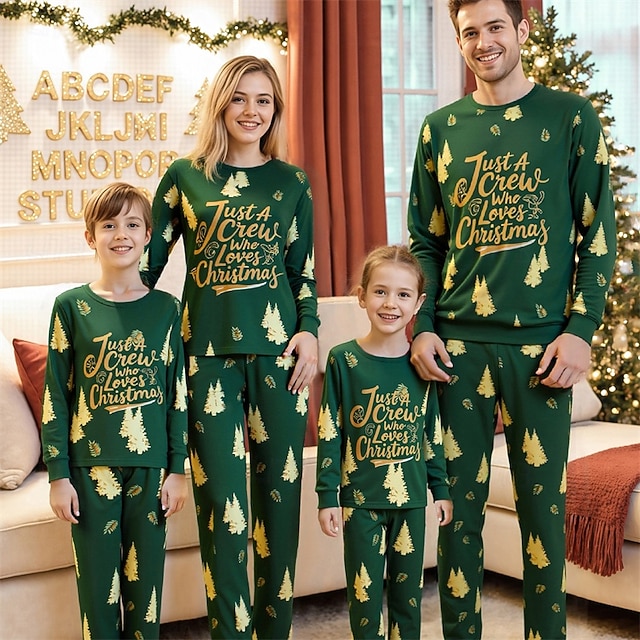  ファミリールック クリスマス クリスマスファミリーパジャマ パジャマ ファミリーセット グラフィック クリスマスツリー 家 プリント グリーン 長袖 日常 マッチング衣装