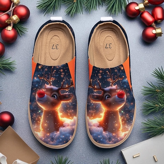 Pantofi de călătorie din pânză cu vârful larg, model reni, pentru femei – pantofi drăguți de Crăciun, perfecți pentru călătorii de vacanță și ținute de stradă de iarnă