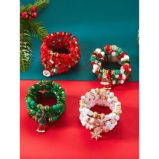 Cubahop Braccialetto natalizio con ciondolo a forma di Babbo Natale, braccialetto colorato con fiocco di neve rosso e verde, da donna, Misura unica, Metallo, Nessuna pietra preziosa