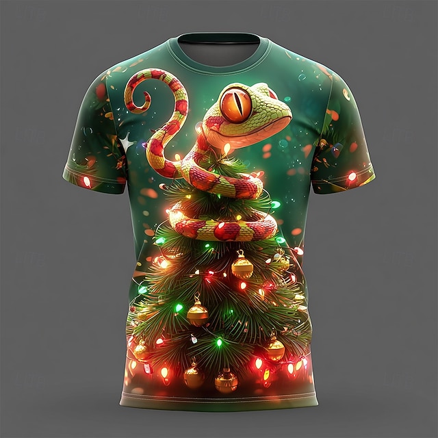  Christmas Snake Tree 3D T Shirt for Men, Funny Holiday Outfit with Light-Up Pine Design, Festive Xmas Party Top