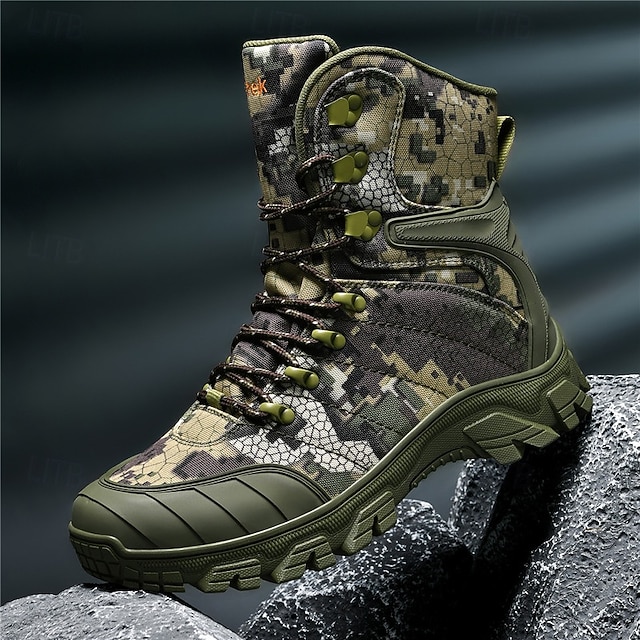 taktiska stridsstövlar för män i kamouflage med vattentätt tyg och halkfri sula, militärstil för friluftsliv, camping och överlevnadsträning