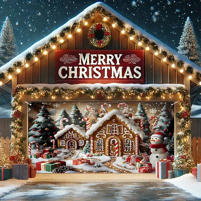  Новогодняя тематика гобелен Крышка гаражной двери Большое Подвесное Пряничный домик Симпатичные Стиль 3D Вечеринка На открытом воздухе Праздник Фоны для съемки Ярд (0,9 м) Домашний декор