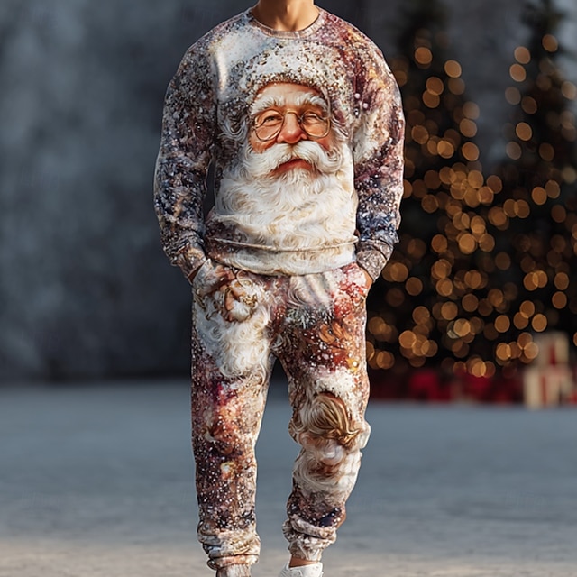 Christmas Miesten Joulupukki 2kpl 3D-hupparisarjat Verryttelypuku Pullover-huppari Pitkähihainen Pitkät housut Tiukka pyöreä kaula-aukko Rento arki Vapaa-aika ulko- Loma Kausaliteetti 3D-tulostus