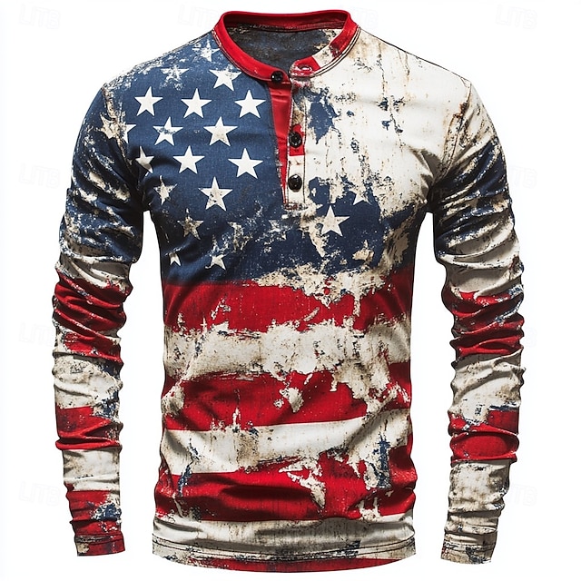  رجالي مكتب  /  الأعمال علم امريكا قميص هينلي كم طويل نمط عتيق كاجوال فضفاض مناسب للعطلات ربيع & الصيف كل الفصول 1# 2# 3# هينلي تي شيرت هنلي