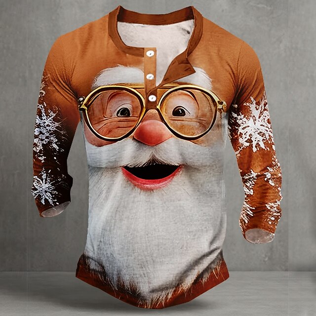 Christmas Men's Santa Claus Henley Shirt T shirt Tee Long Sleeve T shirt 3D Print Henley Collar Shirt Cartoon Christmas Brown Summer Spring Winter Clothing Apparel S M L XL 2XL 3XL 4XL4