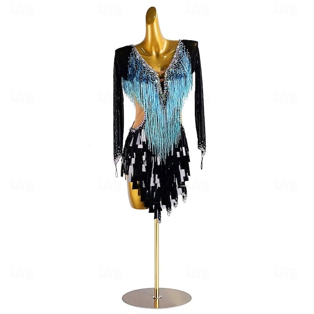 Robe de danse latine pour femme, bleu glacier, noir, franges, strass, manches longues, costume de performance pour compétition de cha cha rumba samba