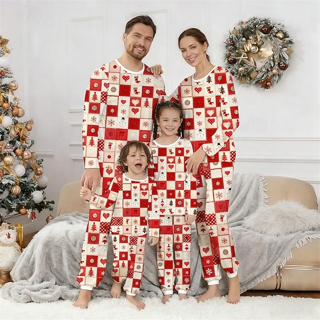  ファミリールック クリスマス クリスマスファミリーパジャマ パジャマ ファミリーセット グラフィック チェック 雪だるま 家 プリント カーキ色 長袖 日常 マッチング衣装