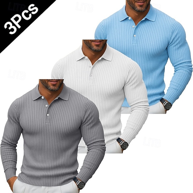  3 db-os férfi bordás kötésű felső golf pólóing többes csomag utcai lezser hajtókás hosszú ujjú alapvető modern egyszínű gombos tavasz ősz minden évszak karcsúsított bordás kötésű felső