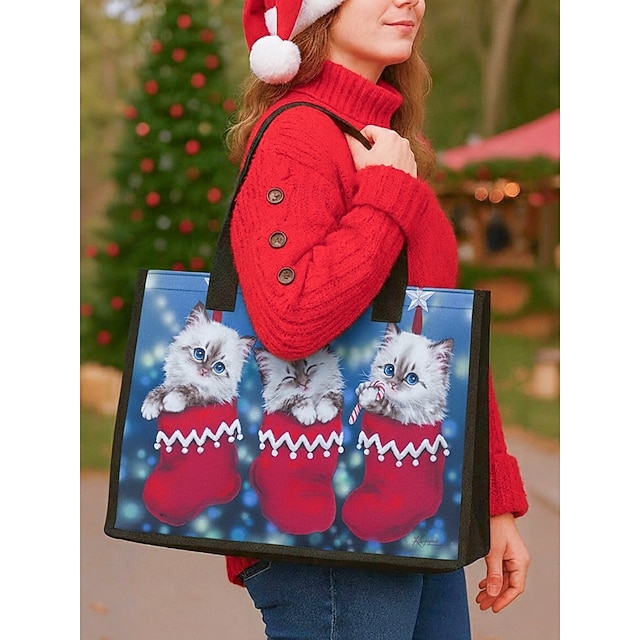  geantă de Crăciun pentru femei – cu modele festive cu pisici de Kayomi Harai, șosete de Crăciun vibrante, ideală pentru cumpărături de sărbători, cadouri și sărbători de iarnă