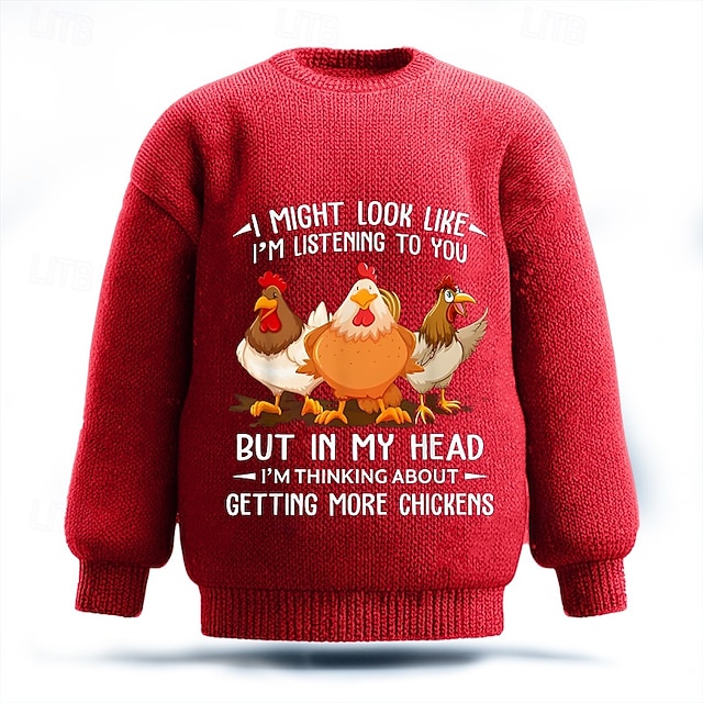  אני אולי נראה כאילו אני מקשיב לך אבל בראש שלי אני חושב על לקנות עוד תרנגולות סוודר לגברים עם תרנגול, צווארון עגול, קז'ואל, חופשה, רחוב, יומי, הדפס תלת מימד