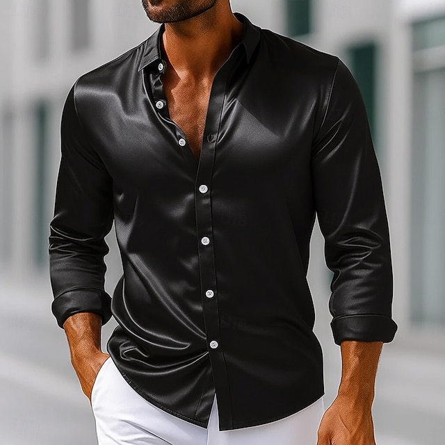 Homens Camisa Social Blusa de cetim Saia Camisa casual camisa de botão Camisa de formatura Tecido Formal Casamento Preto Branco Rosa Azul Royal Manga Longa Lapela Primavera Todas as Estações Roupa