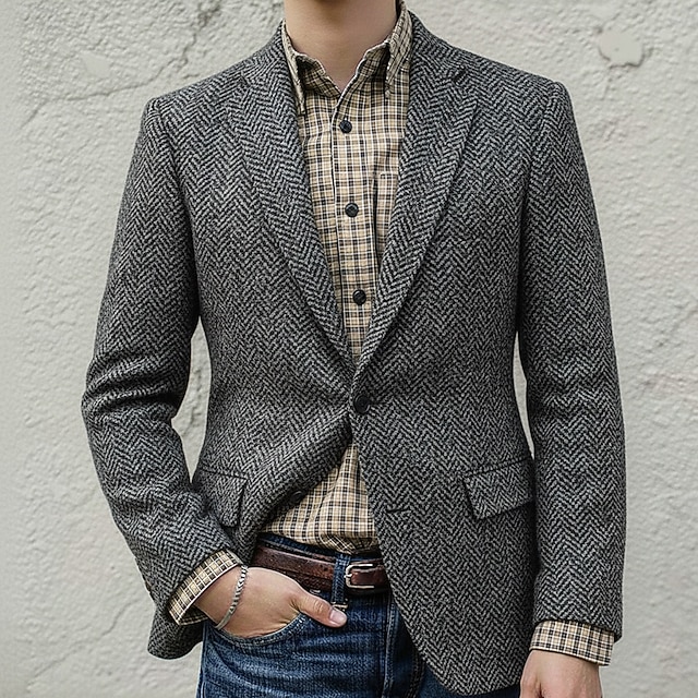  Blazer en tweed décontracté pour homme, col cranté, style décontracté, pour le bureau, coupe standard, simple boutonnage, un bouton