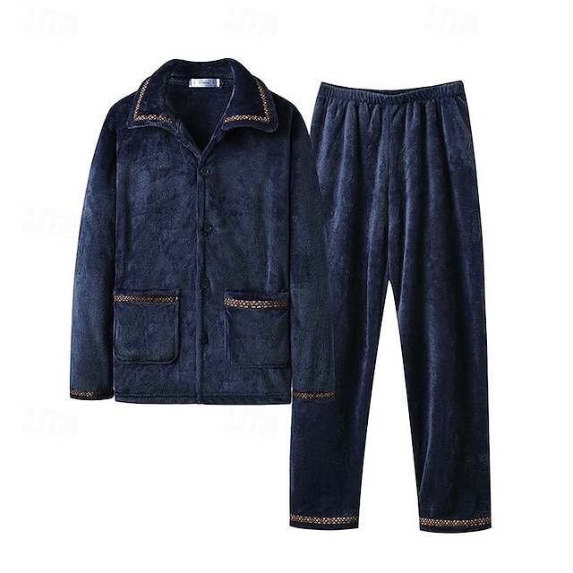  Homme Vêtements de Nuit Ensemble Pyjama Haut de pyjama et pantalon 1 ensemble Uni Mode Élégant Classique Maison Quotidien Lit Polaire Polyester Chaleur Thermique Confort Doux Revers manche longue