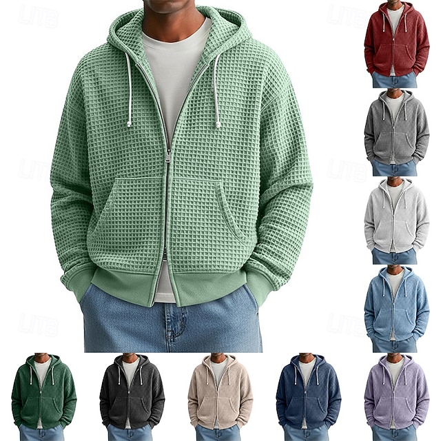  Homens Moletom Full Zip Hoodie Moletons Waffle Adamascado Branco Vermelho Azul Marinha Verde Escuro Com Capuz Tecido Zíper Textura Desportos e Ar livre Casual Diário Roupa de rua Legal Roupa de