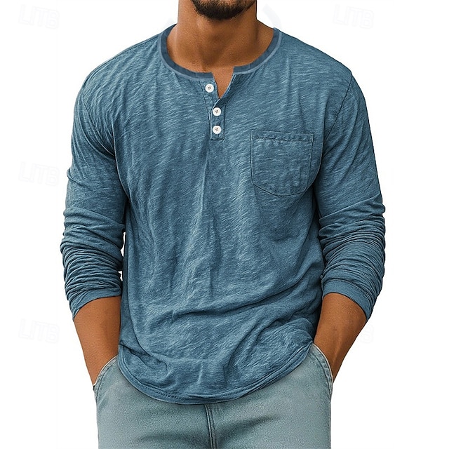 Herren T Shirt Henley Hemd T-Shirt Langarmshirt Langarm Henley Frühling Herbst Einfach Mode Designer Basic Taschen Urlaub Straße Ausgehen Schwarz Weiß Rote Top T-Shirt für Herren