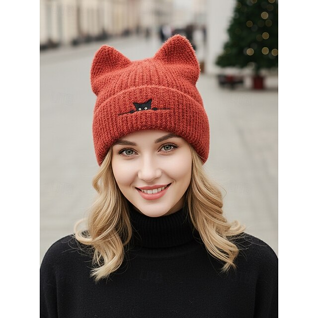 1 Pièce Bonnet Tricoté à Rayures Avec Oreilles De Chat De