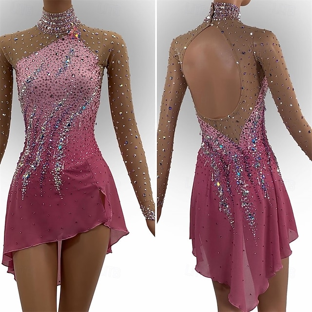 Figure Skating Dress Women's Girls' Ice Patchwork Mesh Spandex Lace High Elasticity Long Sleeve Ice Skating Dress