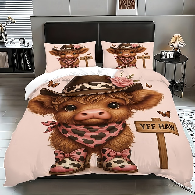  Conjunto de capa de edredom de 3 peças com estampa de vaca das terras altas e flores fofas para cama grande, capa de edredom curta e macia com 2 fronhas – roupa de cama para quarto de hotel,