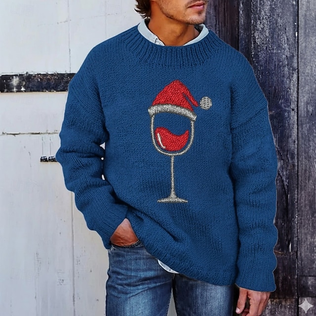  Hässlicher Weihnachtspullover Herren Weinglas Pullover Strickware Rundhalsausschnitt Lässig Urlaub Straße Täglich 3D-Druck Stricken warm halten Langarm Frühling Herbst Winter Weiß Rote Blau