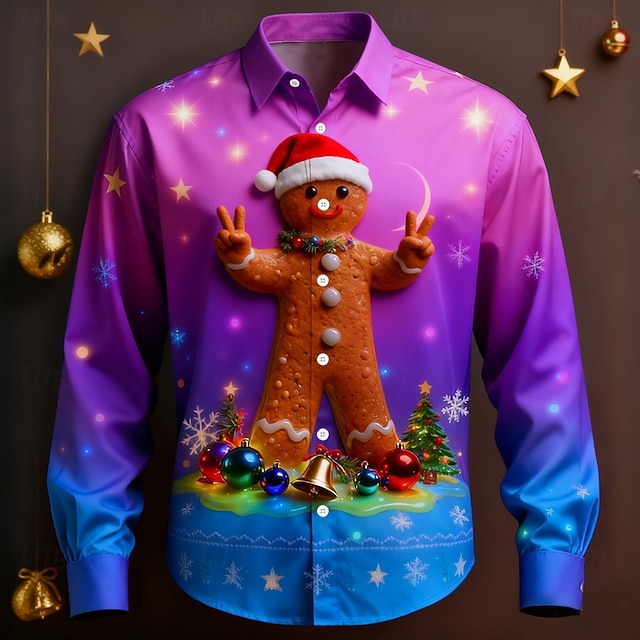 Kerstmis Voor heren Overgangskleur grappige kerst peperkoek man Overhemd Overhemd met knopen Lange mouw Grappig Buiten Feestdagen Lente Herfst Strijkijzer 3D-afdrukken shirts met kraag Rood Paars