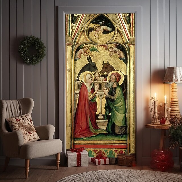 Christmas Door Cover Winter Holiday Decoration Drapes with Nativity Scene Featuring Virgin Mary Baby Jesus Angel Messenger Horse and Donkey Print for Home Entryway Living Room Bedroom Indoor Seasonal4