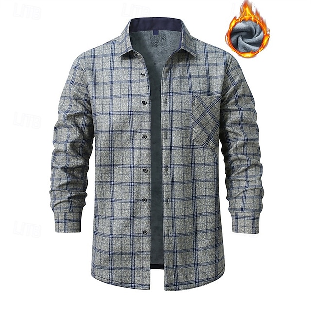  Herren Hemd Freizeithemd Flanellhemd Fleece-Shirt Knopfhemd Wein Marineblau Blau Grau Langarm Karomuster Revers Urlaub Ferien Tasche Bekleidung Polyester Mode warm halten Lässig Bequem