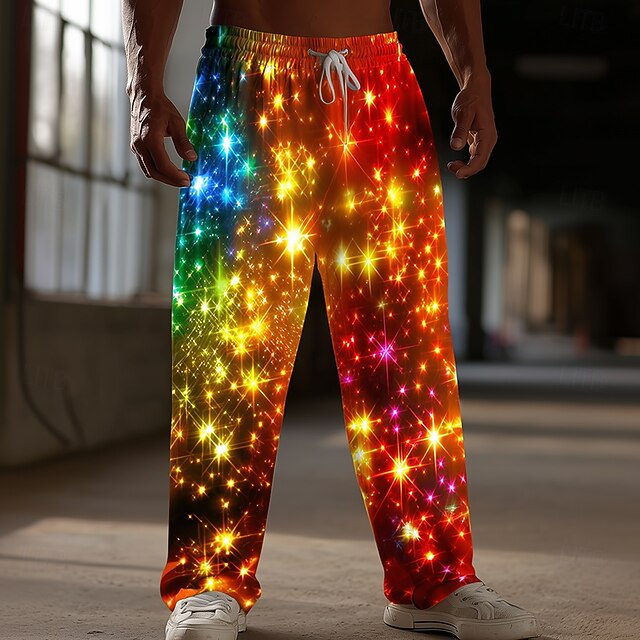 Christmas Men's Sparkling Glitter Christmas Light Pants Trousers Casual Pants Mid Waist Drawstring Elastic Waist Casual Outdoor Holiday Straight Leg Trousers Spring Fall 3D Print Orange4