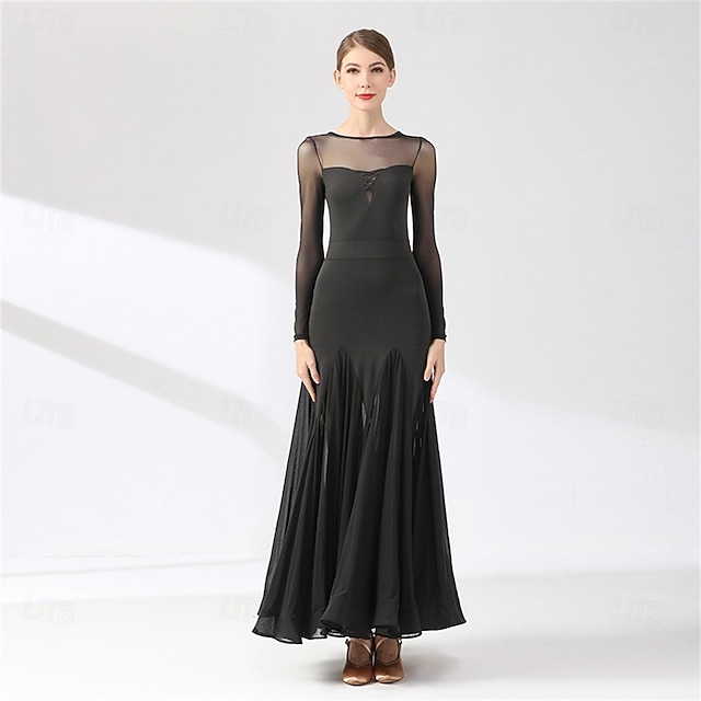  Sheer Sleeve Ballroom Dance Dress for Women - Long Sleeve A-Line Gown for Competitions, Latin, and Dance Events - Black