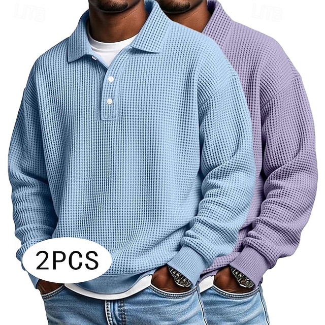  2 stuks heren wafel poloshirts golf shirt formeel zakelijk klassiek lange mouwen mode effen kleur 2 stuks multi-pack herfst lente &herfst regular fit wit paars blauw wafel poloshirts