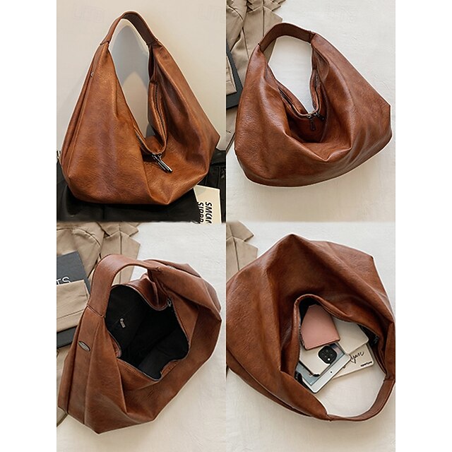 Sac à Main Cabas Femme Grande Capacité En Simili Cuir PU - Format Slouchy Rétro Avec Fermeture Zippée - Idéal Travail, Voyage - Couleurs Classiques - 5