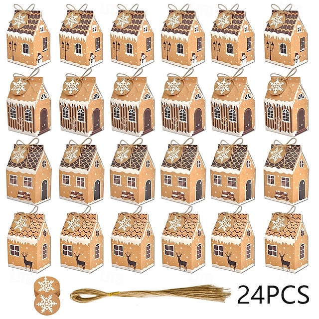 24個のクリスマスギフトボックス、キャンディジンジャーブレッドハウス、ミニクリスマスパーティーの記念品ボックス、小さな紙製ギフトコンテナ、クリスマスホリデーパーティーのおやつ、クッキー、お菓子、スナックパッケージ