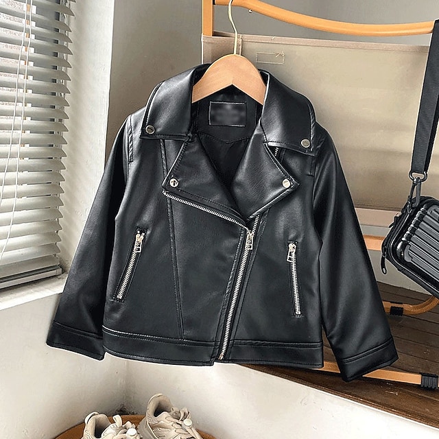 Infantil Para Meninas Jaqueta de couro preta Jaqueta Côr Sólida Moda Zíper Bolsos Ao ar livre Casaco agasalhos 4-12 anos Outono Preto