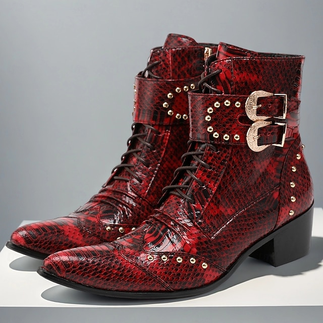  Miesten punaiset käärmekuvioiset nahkaiset nilkkurit, joissa on kaksinkertaiset solkiremmit ja niittiyksityiskohdat, 100% naudannahasta valmistetut länsimaiset saappaat konsertteihin ja esityksiin