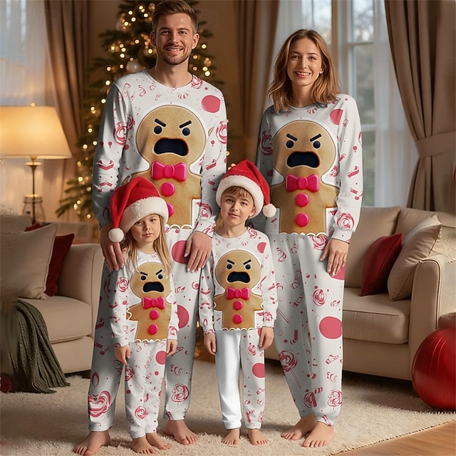  Rodinný vzhled Vánoce Vánoční rodinné pyžamo Pyžama Rodinné sady Grafika Perník muži Domů Tisk Bílá Dlouhý rukáv Denní Odpovídající oblečení