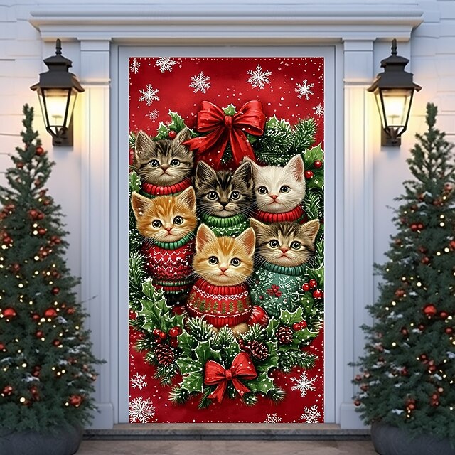 Christmas Door Cover Winter Holiday Decoration Drapes with Cat in Christmas Sweater Festive Holiday Colors Print for Home Entryway Living Room Bedroom Indoor Outdoor Seasonal Decor3