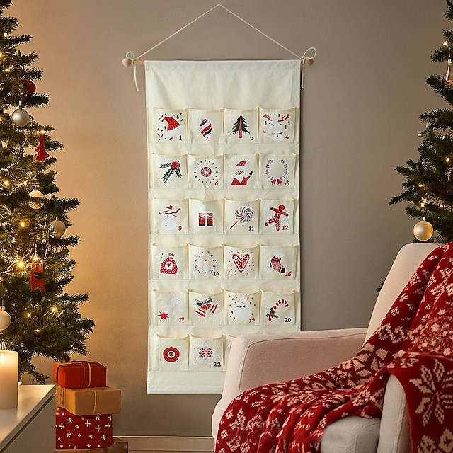  Fabric Christmas Advent Calendar with Pockets,Reusable Natural 24 Days Countdown Advent Calendar Hanging Storage Bag for Xmas Holiday Home Wall Decoration