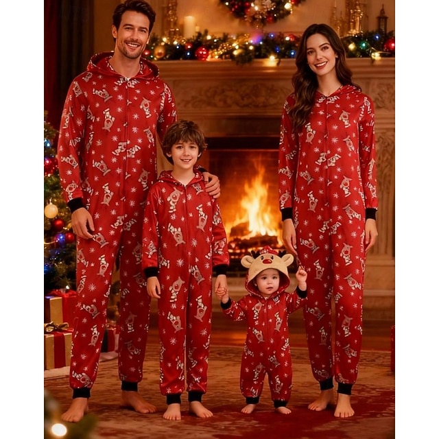  Rodinný vzhled Vánoce Vánoční rodinné pyžamo Kombinéza Grafika Jelen ulice Tisk Rubínově červená Dlouhý rukáv Odpovídající oblečení