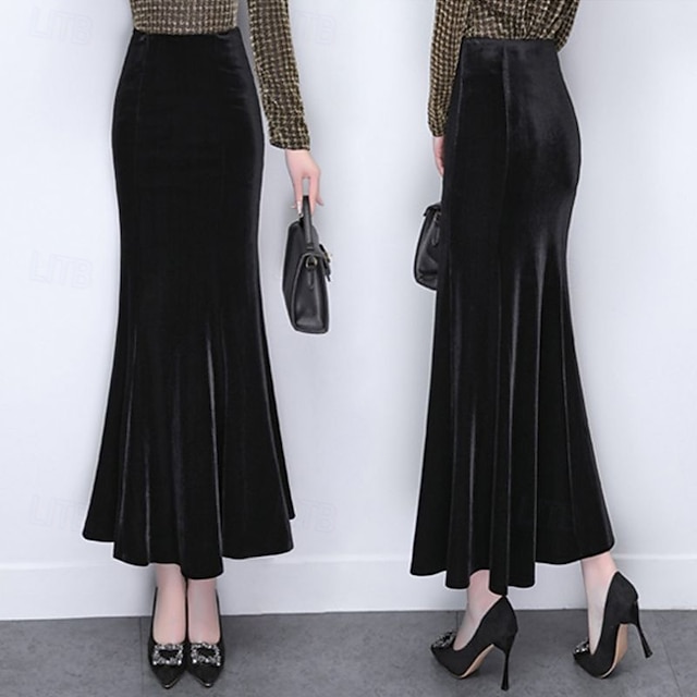  Pentru femei Bodycon Elegant Modă Maxi Talie Medie Fuste Simplu Zdrobit Micro-elastic Stradă Zilnic Negru Primăvară Poliester