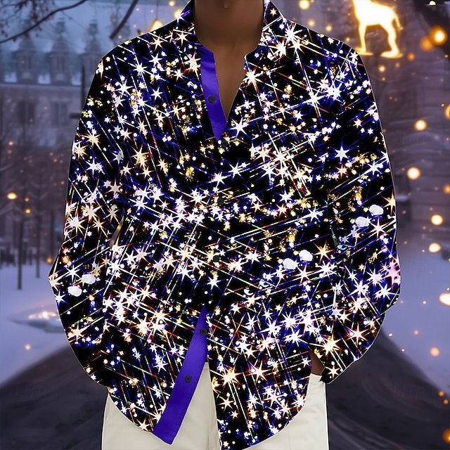  Weihnachten Herren glückliches neues Jahr Weihnachtslicht Hemd Knopfhemd Langarm Modisch lässig Outdoor Ferien Frühling Herbst Umlegekragen 3D-Druck Hemden mit Kragen Rote Purpur Gold