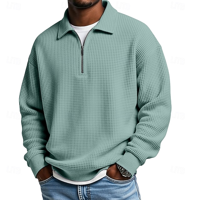  Herre Vaffel poloskjorter Kvart zip-polo utendørs Avslappet Quarter Zip Langermet Mote Moderne Helfarge Med Tekstur Strikket Vår & Vinter Alle årstider Løstsittende Svart Hvit Navyblå Mørkegrønn