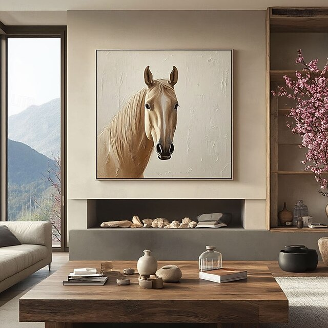  handgemaltes abstraktes Pferdebild, großes abstraktes Tierbild, beige Wandkunst, moderne abstrakte Kunst, große Leinwandkunst, Acrylmalerei