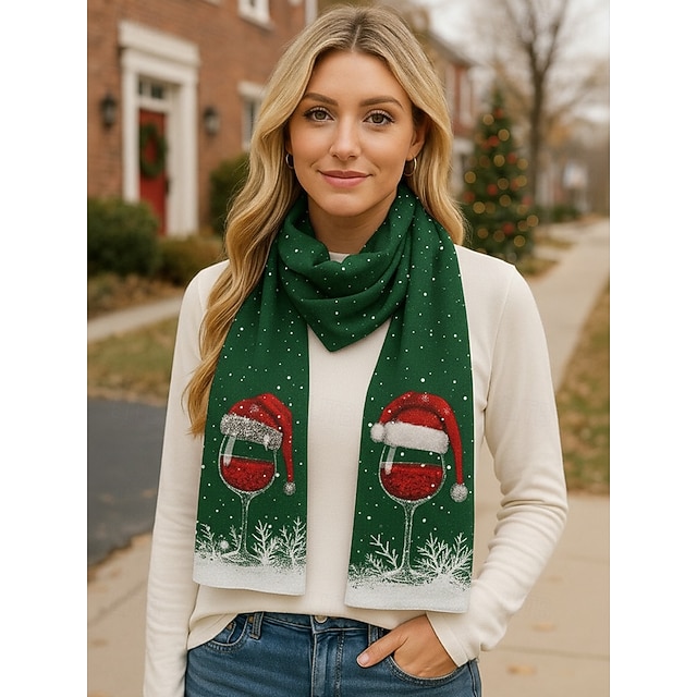  Juleskjerf i vinglass til dame, mykt vintersjal med nisselue-trykk, koselig julehalssjal til fester og gaver, flere farger